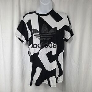 Adidas Shirt Womens Small Black White Trefoil Logo Geometric Graphic Tee Top